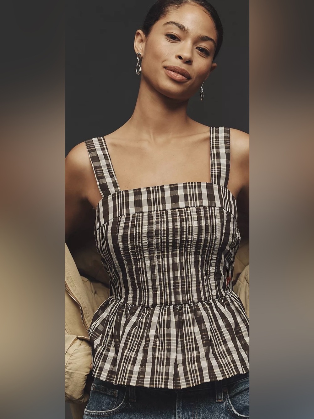 Square-Neck Plaid Midi Dress in Black and White